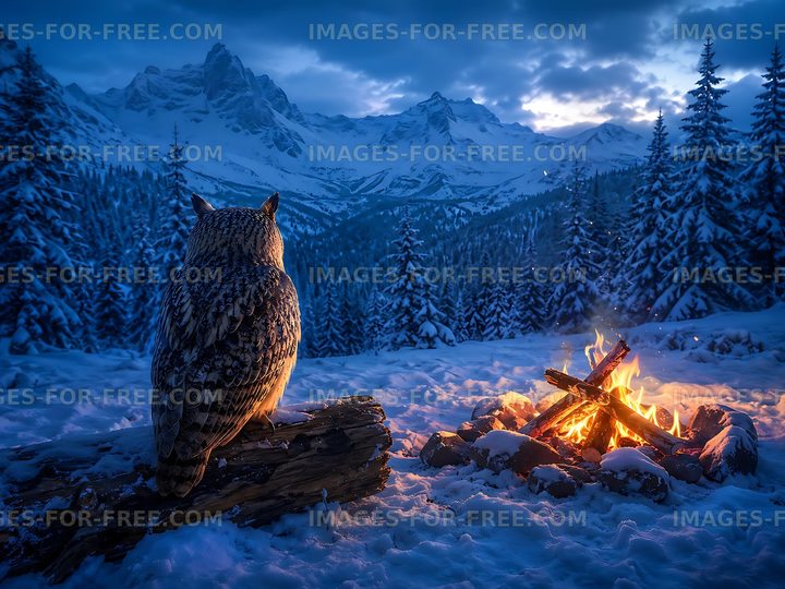 Owl sitting near a campfire in snowy mountains at dusk