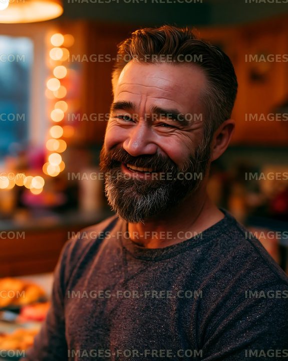 Man smiling in cozy kitchen with warm lighting