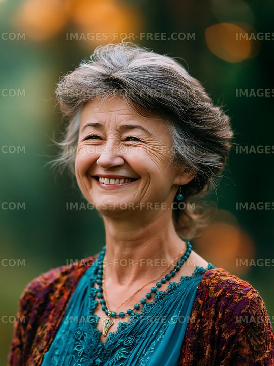 Smiling woman in outdoor setting with green background