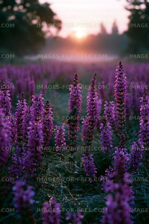 Sunset over purple flowers in a field