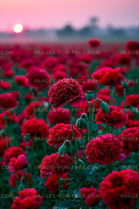 Poppy flowers blooming at sunset in a field