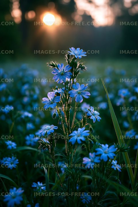 Blue flowers in a field during sunset