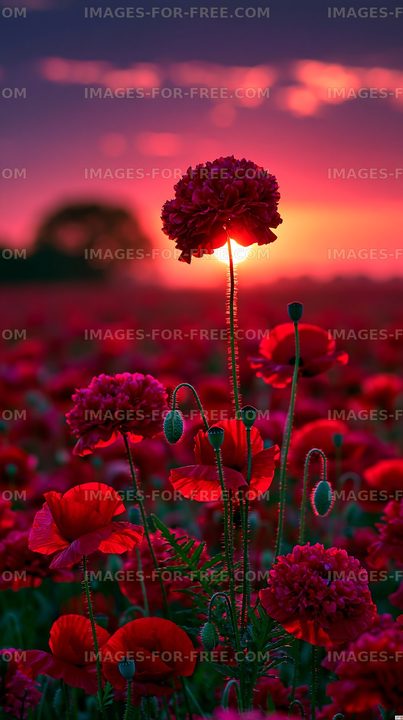 Vibrant red poppy flowers against a sunset sky