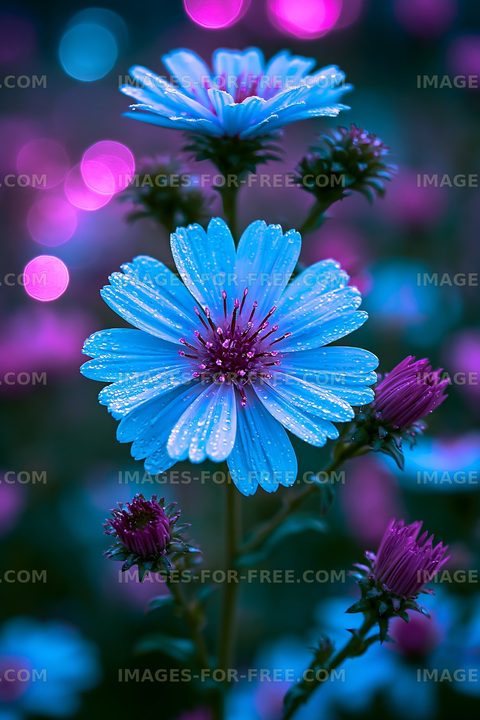 Bright blue flower with purple buds and bokeh background