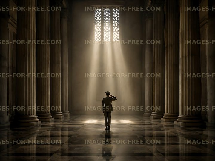 Man saluting in historic building with pillars and sunlight