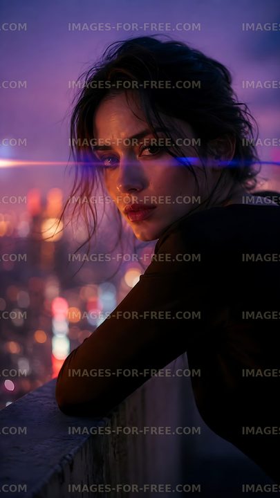City skyline at sunset with woman gazing thoughtfully