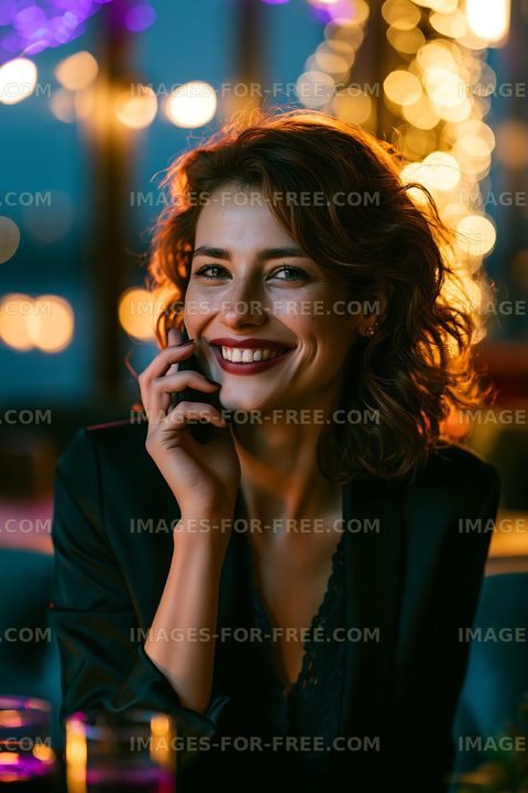 Woman smiling while talking on the phone in a cafe