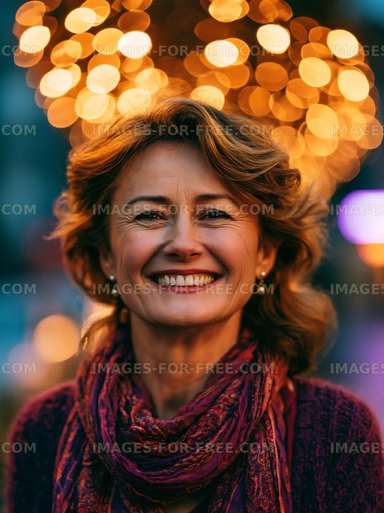 Smiling woman in front of glowing lights during evening