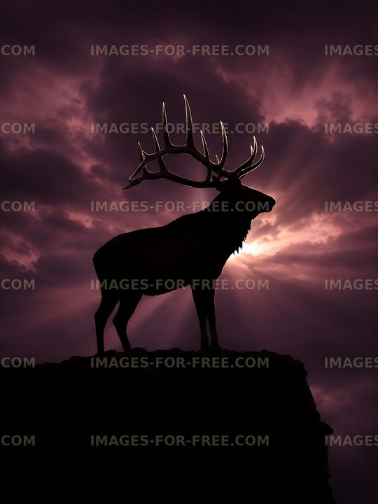 Silhouette of a stag against a cloudy sunset sky