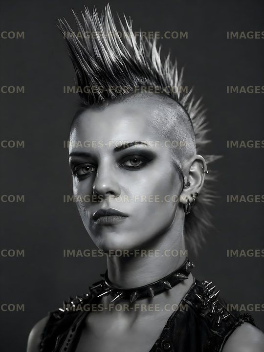 Punk model with mohawk hairstyle in black and white