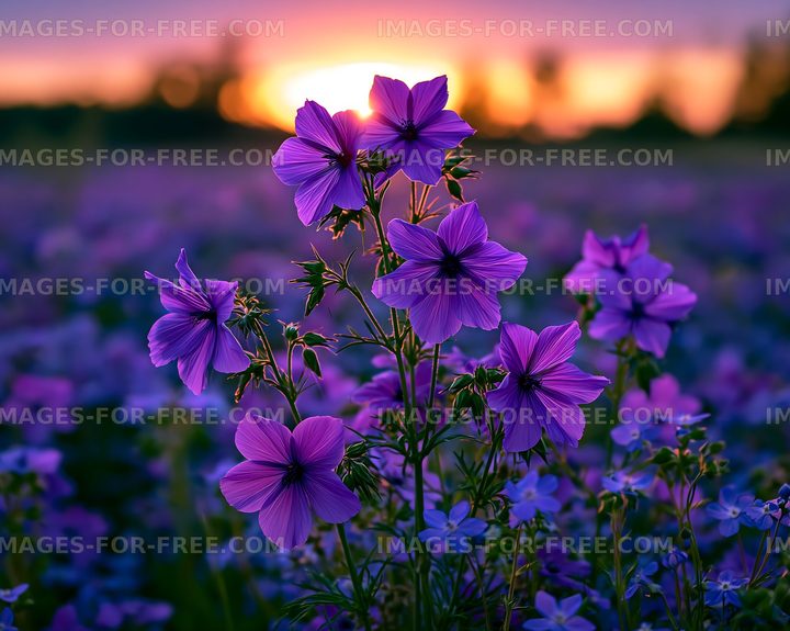 Purple flowers in a field at sunset