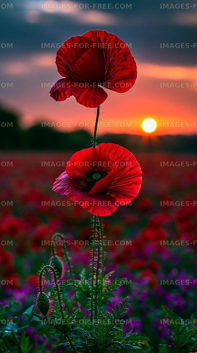 Bright red poppies against a sunset sky in a flower field