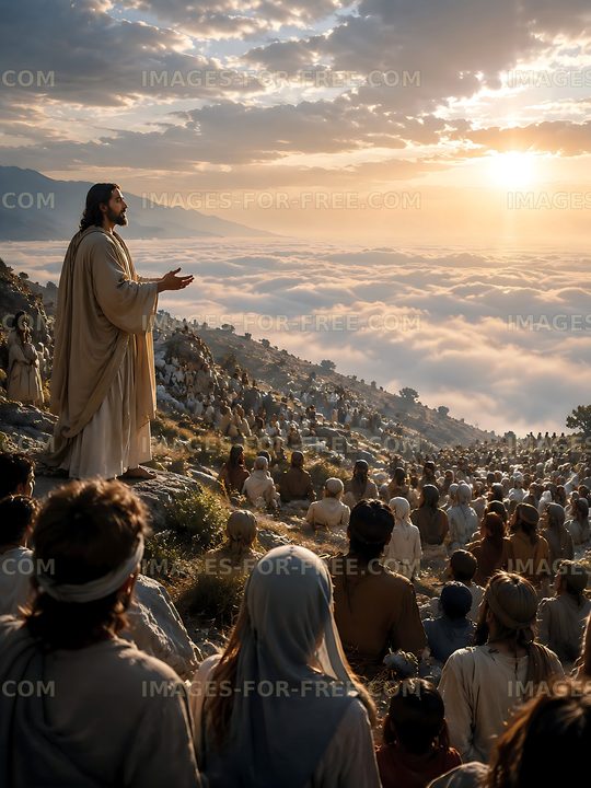 Man teaching a large crowd on a mountain at sunrise