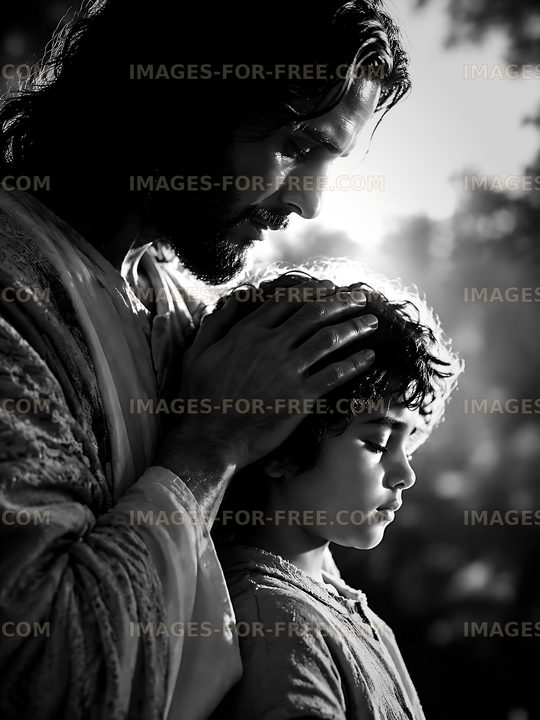 Man blessing a child in a soft light setting