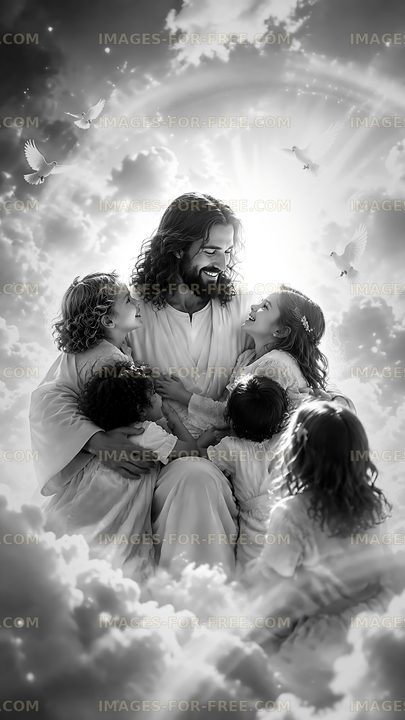 Jesus surrounded by children in a heavenly scene