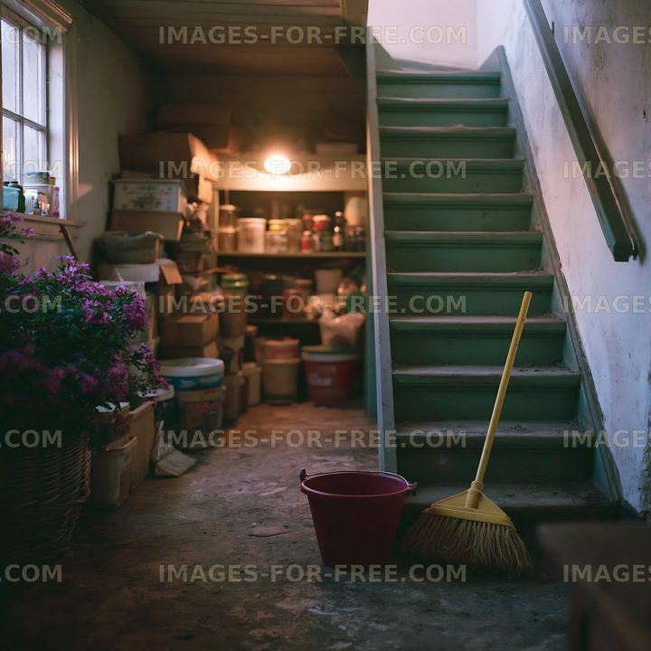 Cleaning supplies in a basement with shelves and stairs