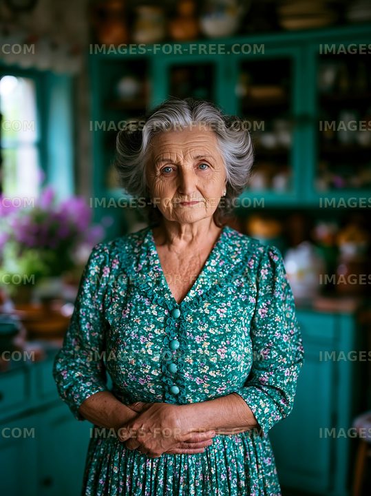 Elderly woman standing in a kitchen with green cabinets