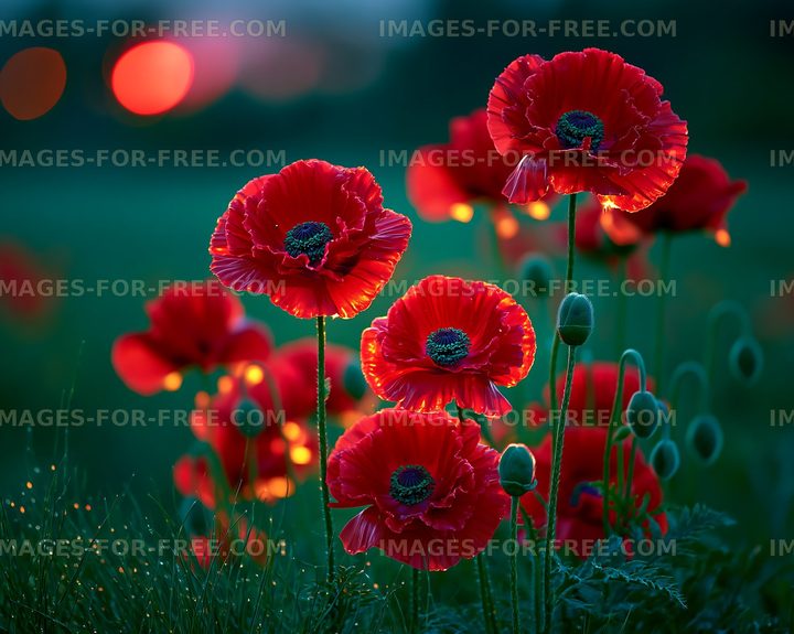 Bright red poppies in a green field at sunset