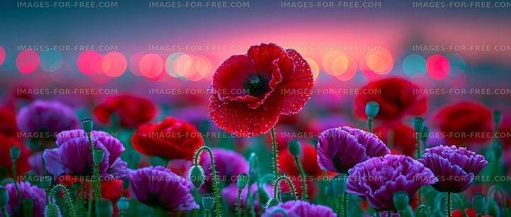 Bright red poppy stands out in field of colorful flowers