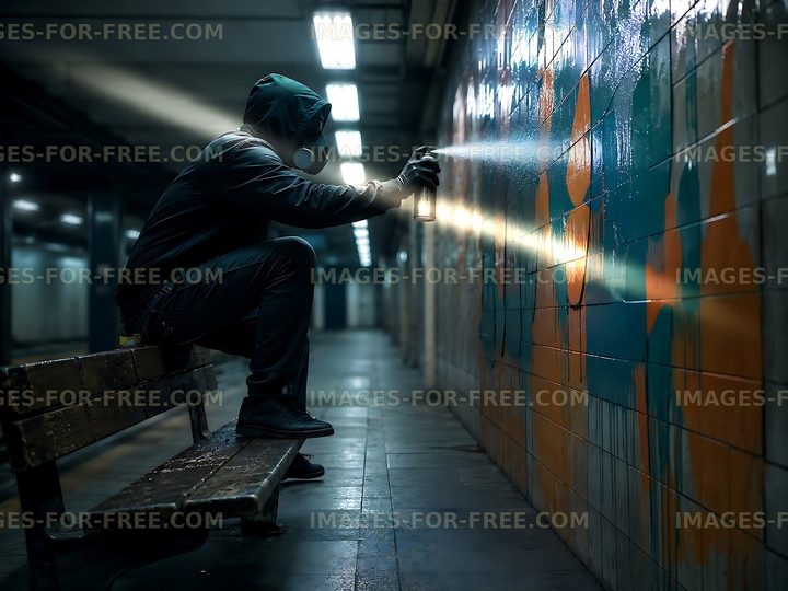 Graffiti artist spray painting mural in subway station