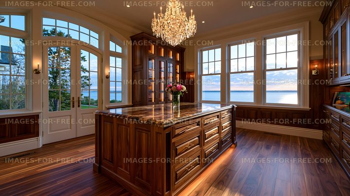 Modern kitchen with scenic view and wooden decor