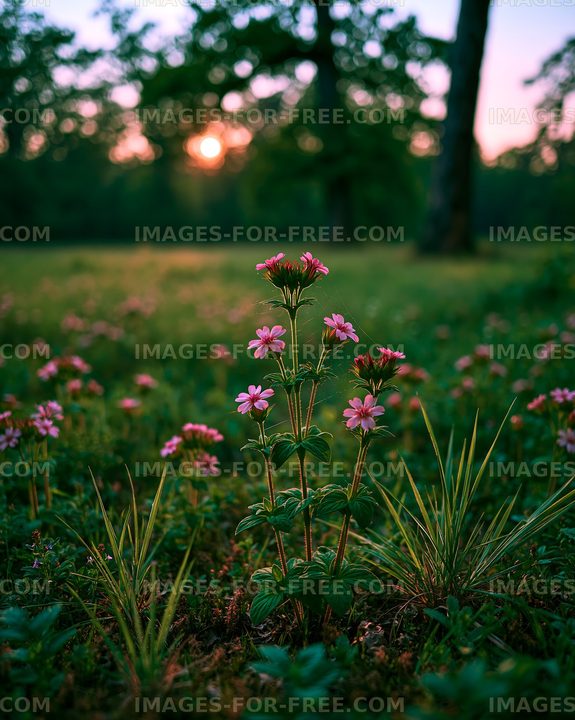 Flowers blooming at sunset in a forest field
