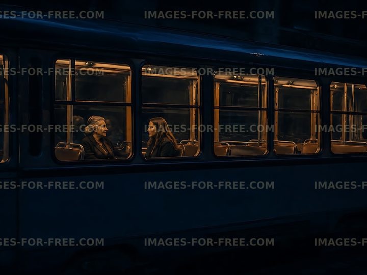 Two women talking in a tram at night
