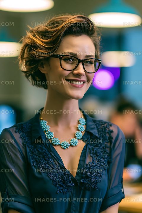 Woman with glasses and necklace smiling in modern office