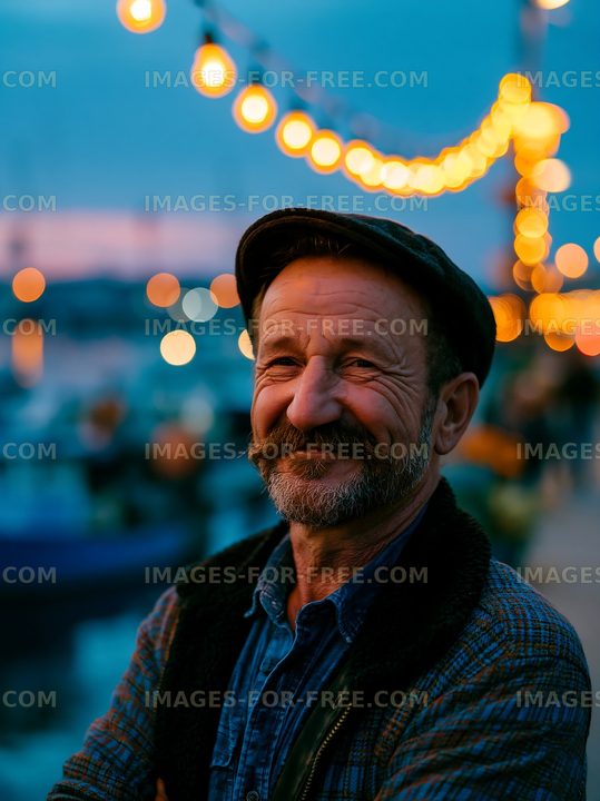 Man smiling near string lights at nighttime waterfront