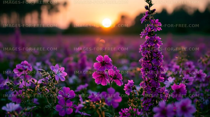 Colorful flowers blooming at sunset in a field