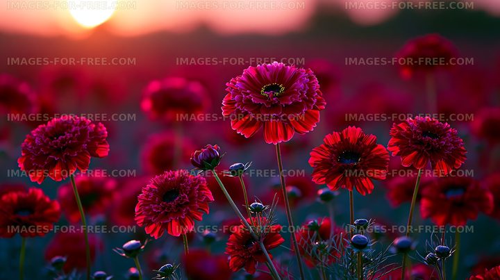 Vibrant red flowers blooming during sunset in a field