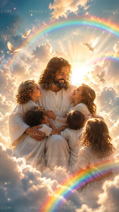 Children gather around figure in white robes amid clouds