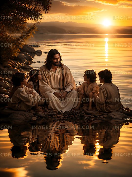Sunset gathering by the water with children