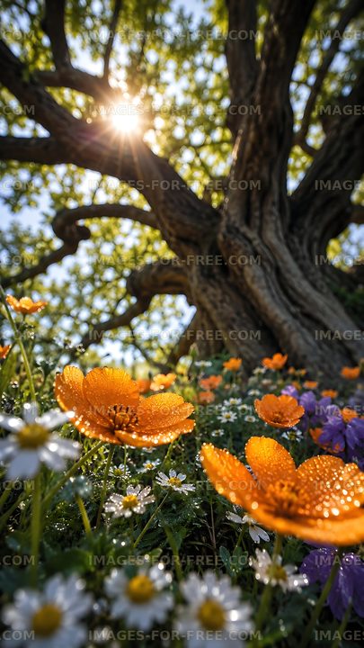 Sunlight shining through a tree over orange flowers