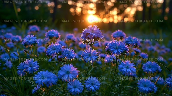 Sunset over blue wildflowers in a forest clearing