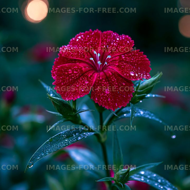 Bright red flower with water droplets in evening garden