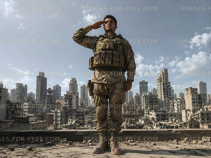 Soldier saluting in war-torn cityscape with ruins and buildings