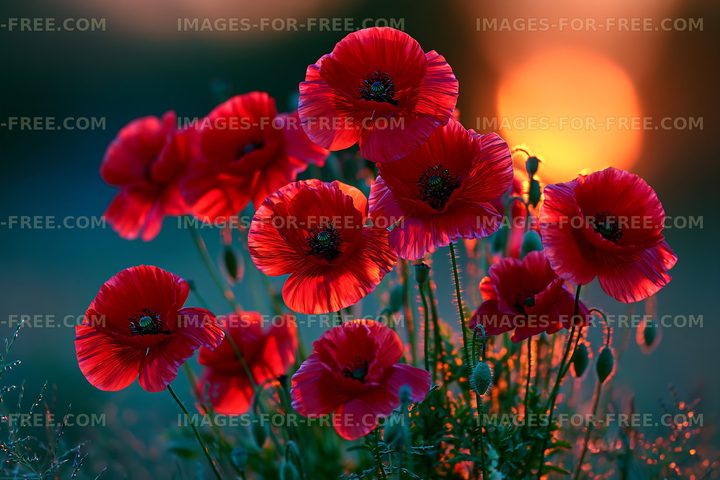 Vibrant red poppies blooming at sunset