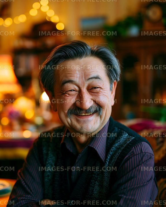 Elderly man smiling in a cozy indoor setting