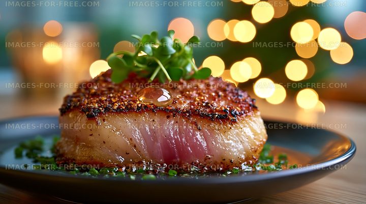 Cooked fish fillet on a black plate with green garnish