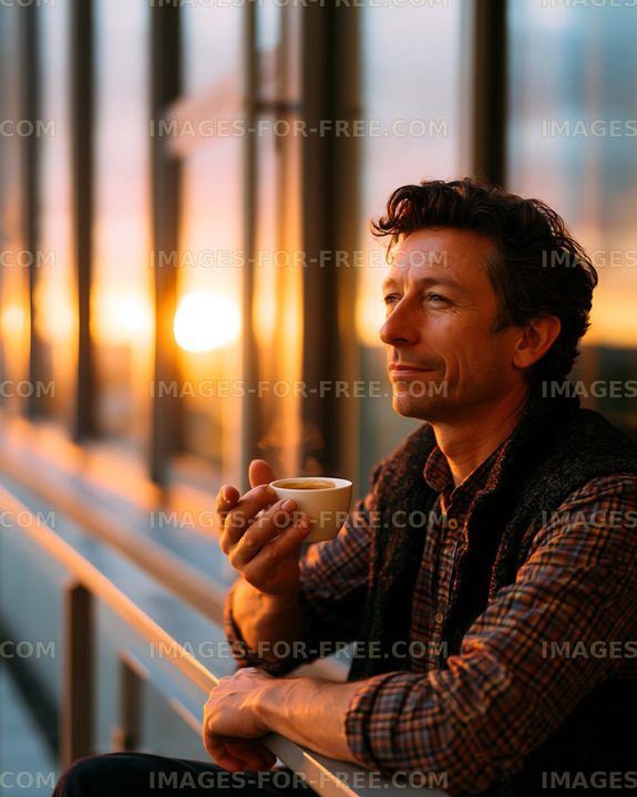 Man enjoying coffee at sunset in a modern urban setting