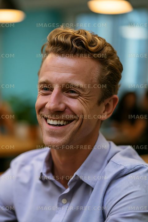 Smiling man with curly hair sitting in a café