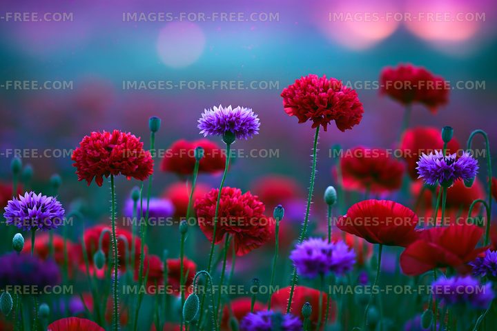 Colorful flower field at sunset