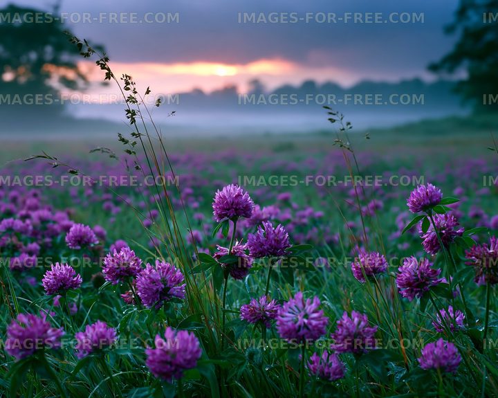Purple clover flowers in a misty field at sunset