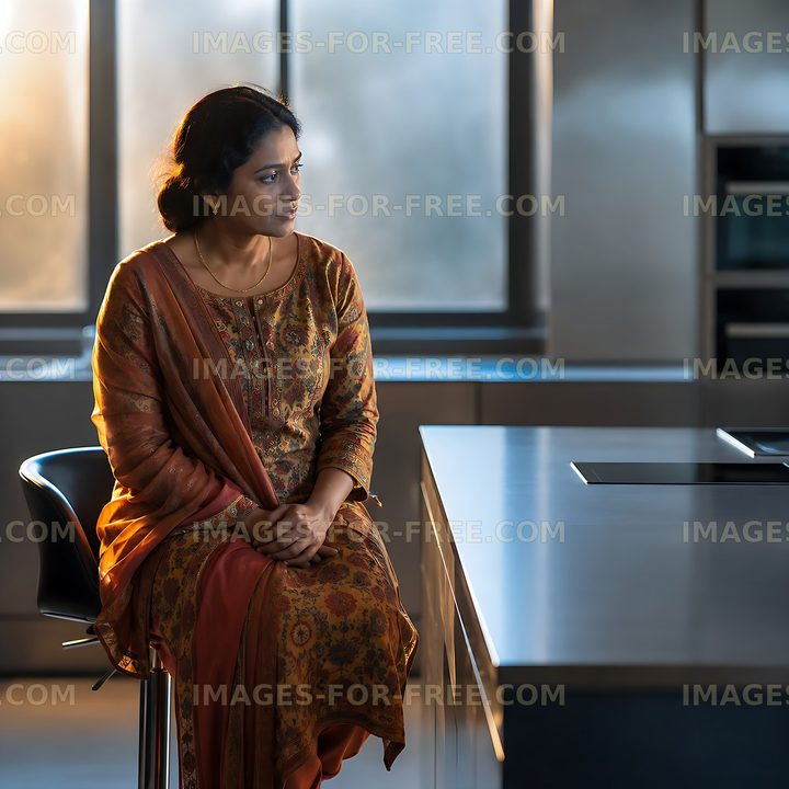 Woman sitting in kitchen during sunset