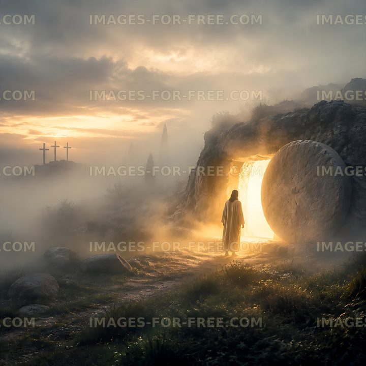 Person standing before open tomb in early morning light