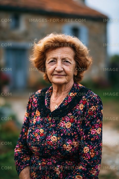 Elderly woman standing outdoors near a rustic stone house