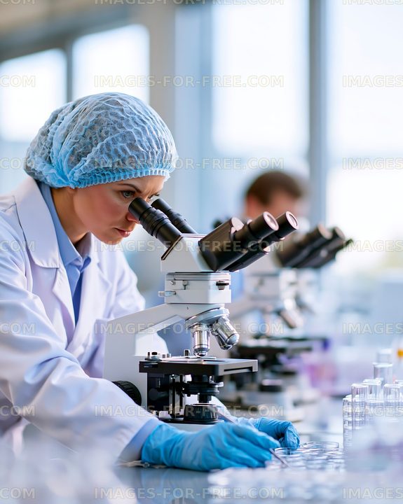 Scientist working at a microscope in a modern laboratory