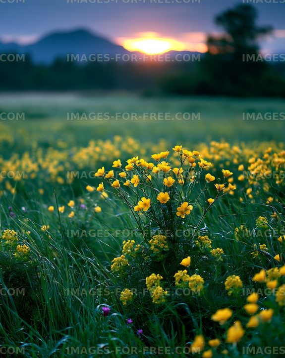 Yellow flowers bloom in an open field at sunset