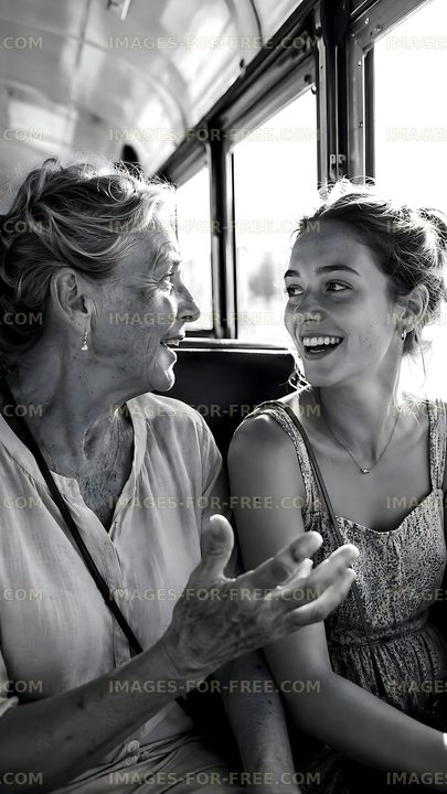 Two women talking on a bus with smiles and laughter
